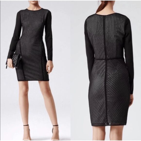 Reiss Chloe Sheer Sleeve Striped Lace Fitted Bodycone Dress Size M 10 - Picture 1 of 7